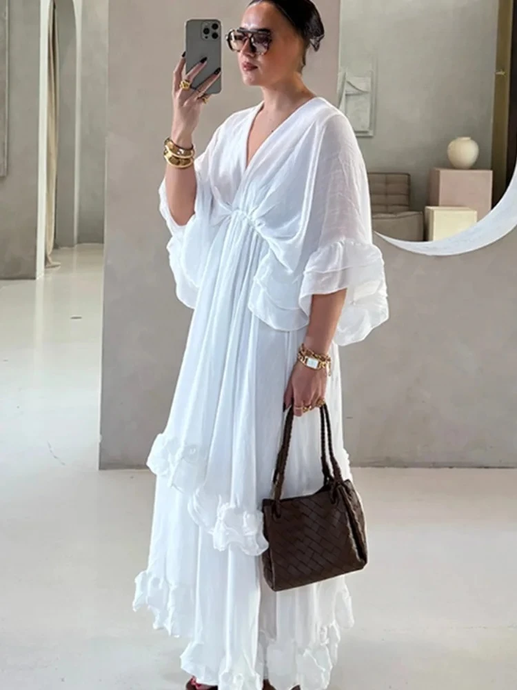 

Women's Summer Fashion V-neck Ruffle Edge Solid Midi Short Sleeve Dress Female Elegant Pleated Sexy Waist Long Dress