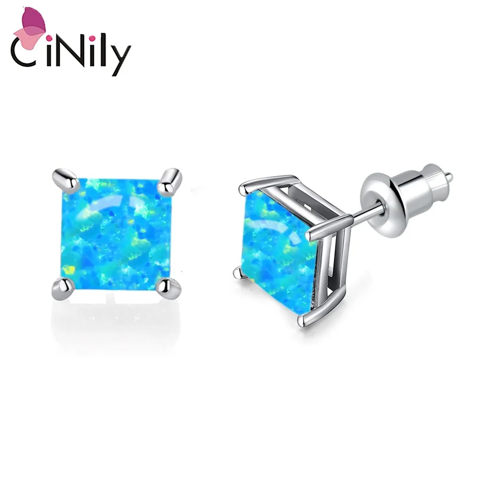 CiNily-pendientes de plata de ley 925 con forma cuadrada para mujer y niña, joyería de ópalo de Fuego Azul, SE018