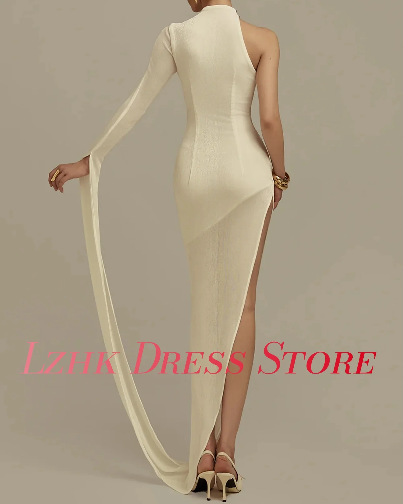 تخصيص الحديثة جيرسي مستقيم واحد الكتف مساء اللباس حساسة طويلة الأكمام عالية طوق الطابق طول فساتين المشاهير