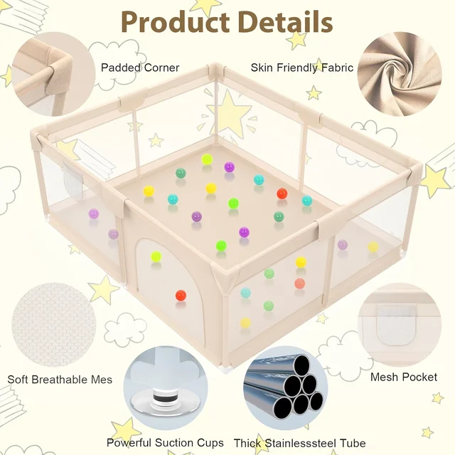 47X47 Inch Baby Playpen with 2 Handles, Toddler Play Yard with Soft And Breathable Mesh And Zipper Door, 27 Inch Height 6