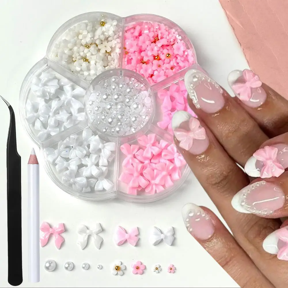 7Grids 3D White Pink Bow Flower Nail Charms Imitation Half-Round Pearl Beads Nails Decorations DIY Kawaii Manicure Accessories 1