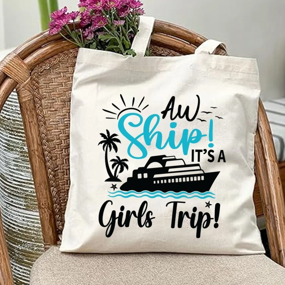 Girls Trip Canvas Tote Bag, Durable Large Capacity Handbag With Fun Cruise Design, Trendy Simple Style For Outdoor Picnic, Party