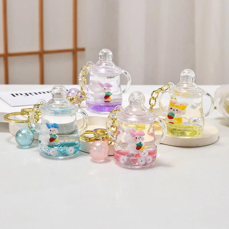 Moving Liquid Cute Little Rabbit Cup Acrylic Keychain Cartoon Oil Quicksand Keyring Backpack Car Key Pendant Girl Gift