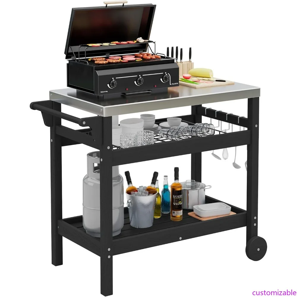 

SERWALL 3-Tier Grill Cart with Movable Storage Shelves, Weather-Resistant HDPE Material, Outdoor Dining Cart Table