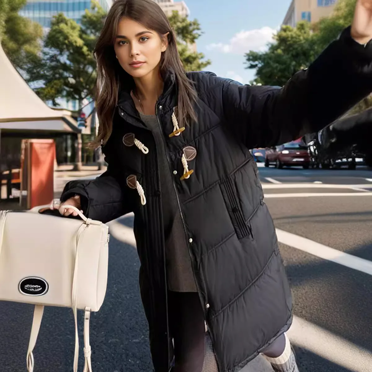 2025 inverno jaqueta longa feminina com capuz casual engrossar quente parkas casacos chifre botão gola alta jaqueta de algodão para senhora