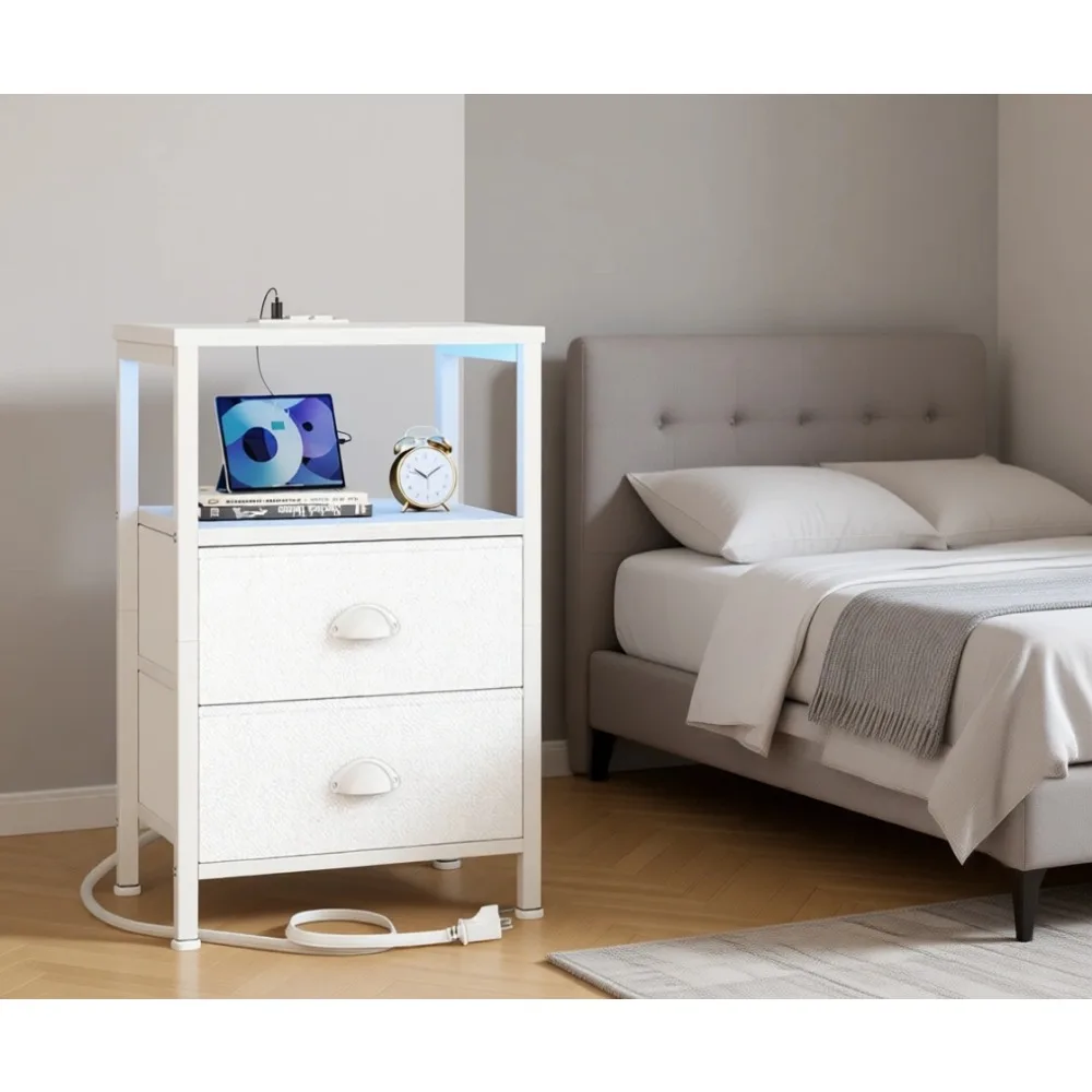 Nightstand Set of Two with Charging Station LED Lights White Bedside Tables Fabric Drawers