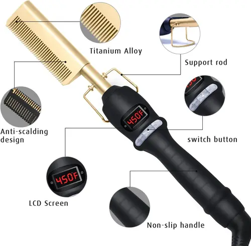 Imagen 2 del producto Peine eléctrico caliente, alisador de pelo, peine calefactor, cepillo alisador LCD de cerámica para pelucas, herramientas de peinado americano y africano