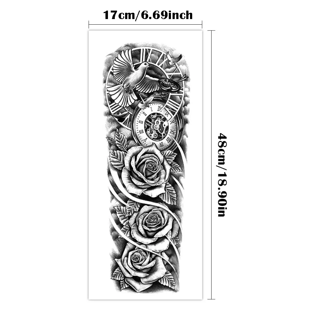 Grand bras complet manches imperméable temporaire tatouage autocollant colombe  de la paix horloge Rose fleur faux Tatoo Art corporel hommes femmes cuisse  / Tattoo et body art, image size:1000x1000