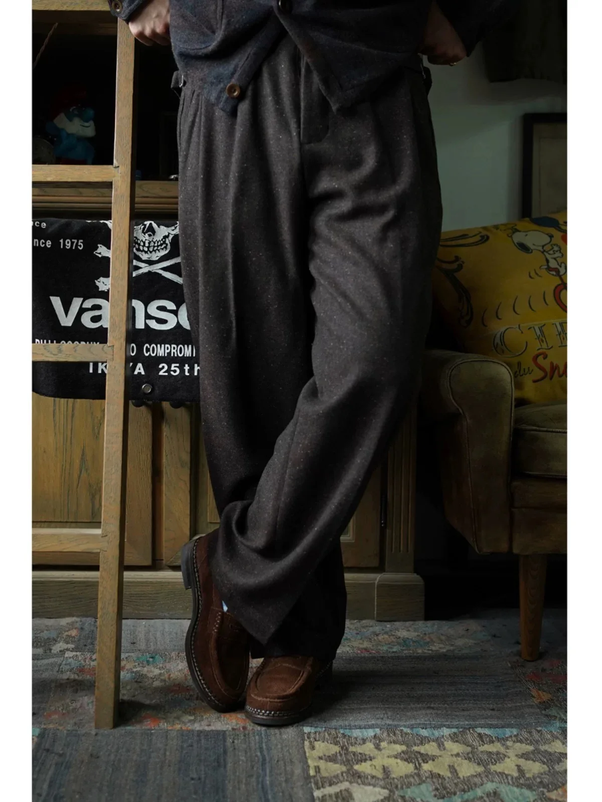 

Second Order Neppy Tweed Wool Pleated Pants Vintage Style Men's Casual Trousers