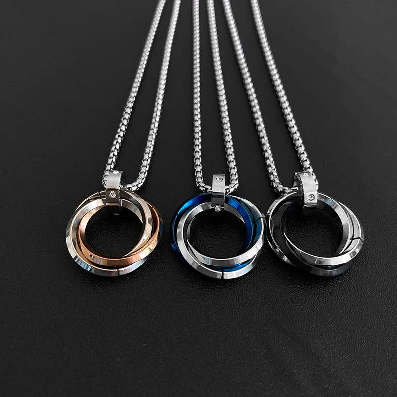 Men's Hip Hop Titanium Steel Necklace, Triple Ring Pendant Chain, Fade Resistant Street Style Jewelry, Summer Gift for Him