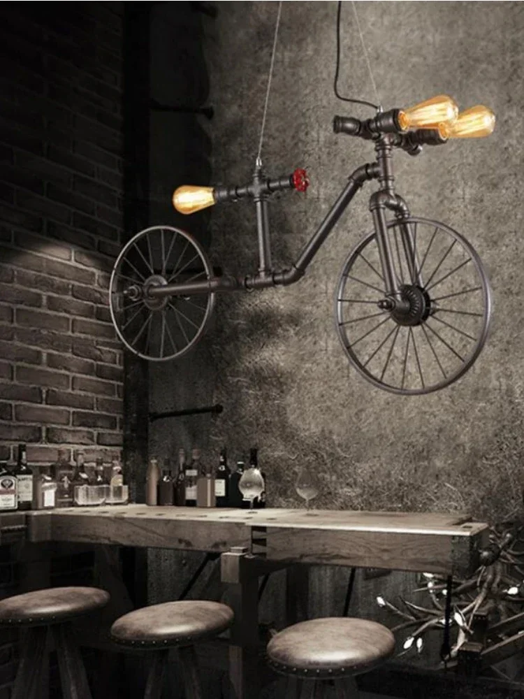 Retro Industrial Pendant Steampunk Lamp Antique Bicycle Ceiling hanging loft lampVintage Water Pipe Wrought Iron Ceiling Lights