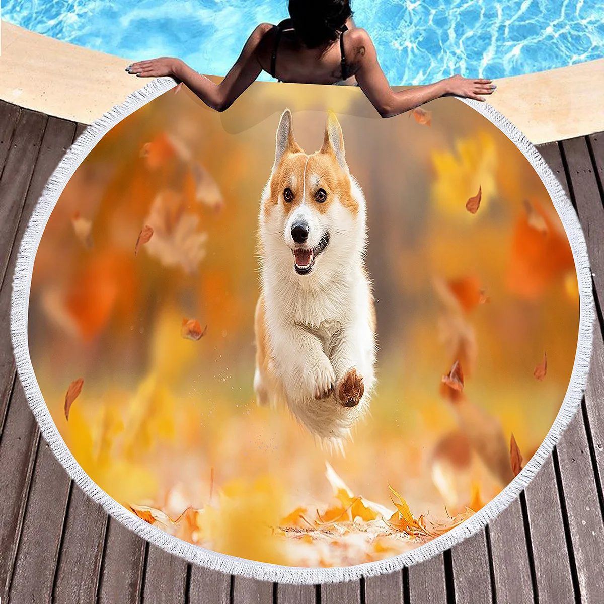 Corgi Running Printed Round Beach Blanket,Superfine Polyester Sand Resistant Beach Towel,Soft Absorbent Quick Dry Pool Towel Mat