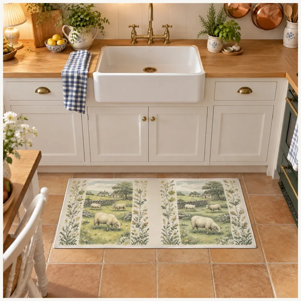 VIKAMA Shepherds Meadow Door Mat, Soft Touch Non Slip Flannel Rug, Country Charm Floor Mat for Pantry, Cloakroom, Hallway