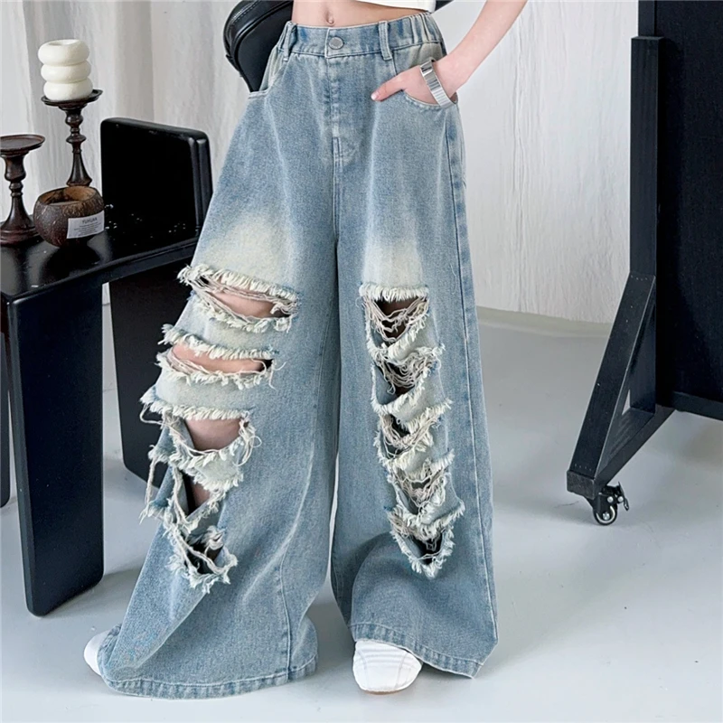 Children High Fashion Y2K Street Jeans with Holes for Teens Girl Trendy Streetwear Destroyed Denim Pants Kids Hip Hop Jeans 5-14