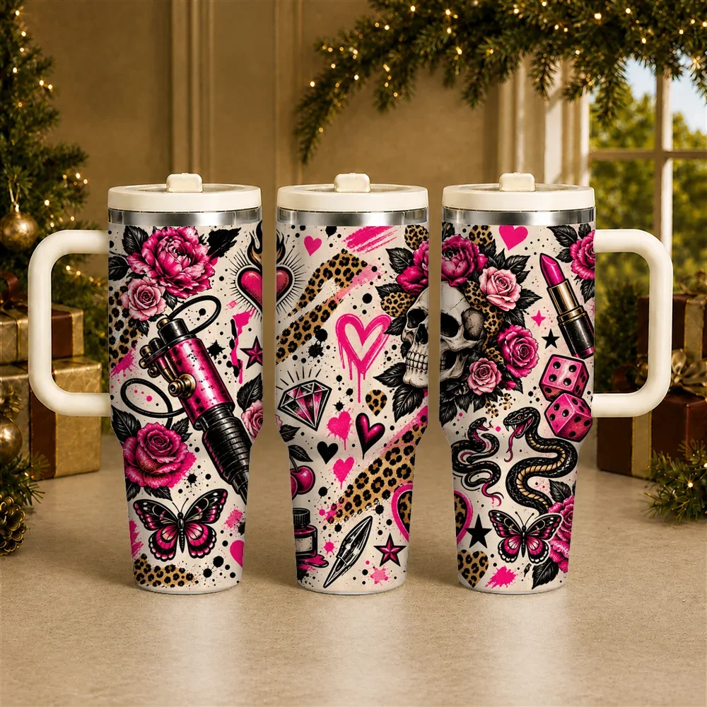 Pink Tattoo Flash Vacuum Flasks 40oz Stainless Steel Insulated Tumbler with Handle & Straw Lid, Leakproof Travel Cup