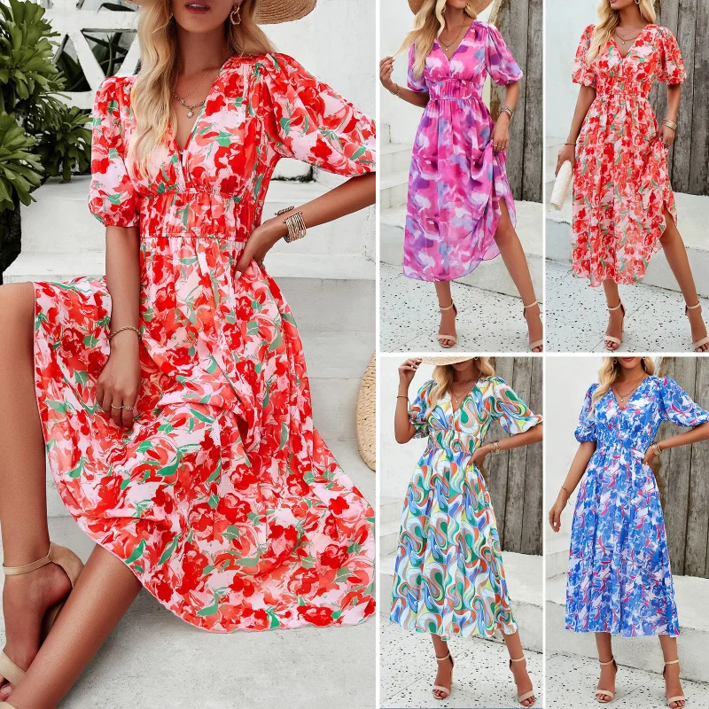 

Dress Women'S Vacation Print Waist Cinched V-Neck Chiffon Short Sleeved Long Skirt