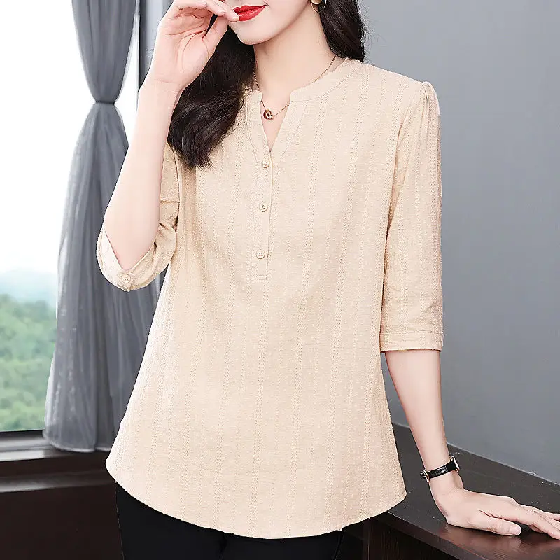 Clothes for Women 2024 Spring Summer Fashion V Neck Solid Blouse Elegant Short Sleeve Loose Shirt Casual Cotton Tunic Tops Blusa