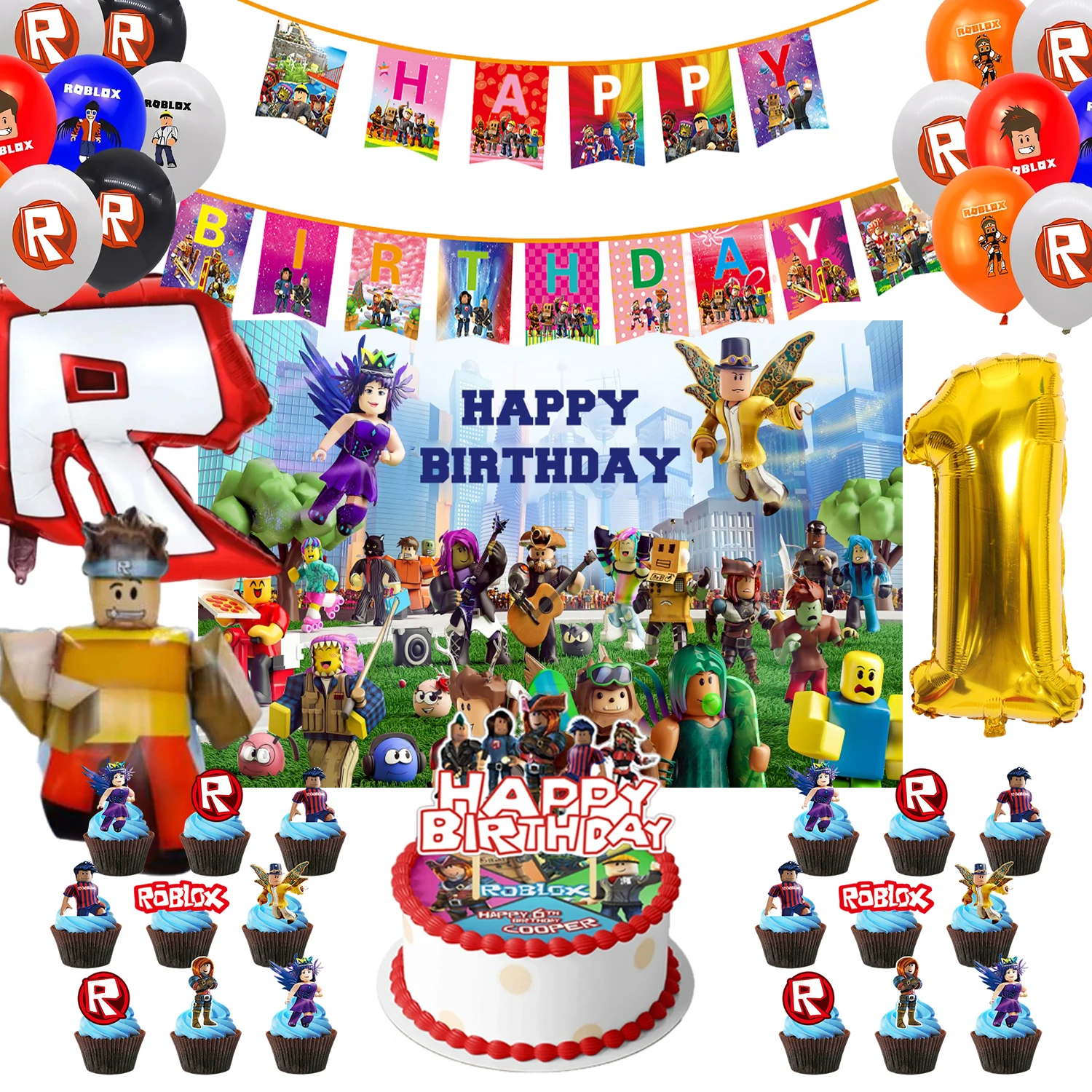 

ROBLOX Birthday Party Decoration Pull Flag Banner Balloon Cake Topper Set Party Supplies Girls Kids Boys Favor baby shower game