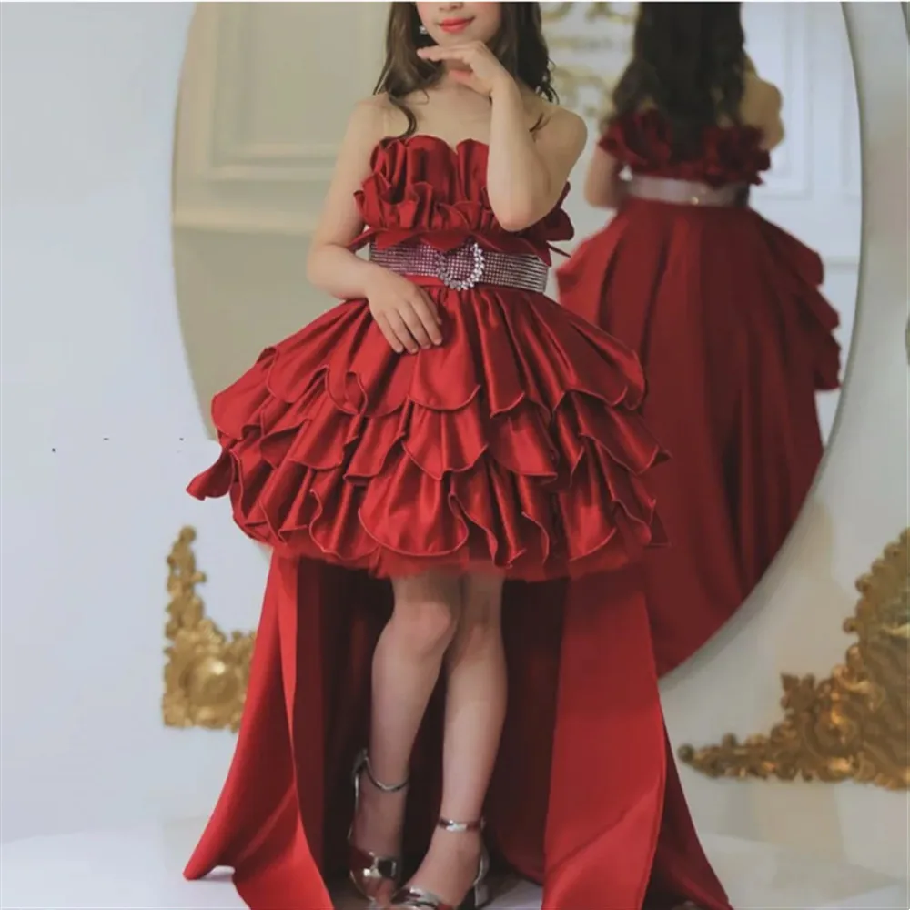 

Customized Luxury Strapless Flower Girl Wedding Dress Sleeveless with Train Tiered Princess Birthday Party First Communion Gown