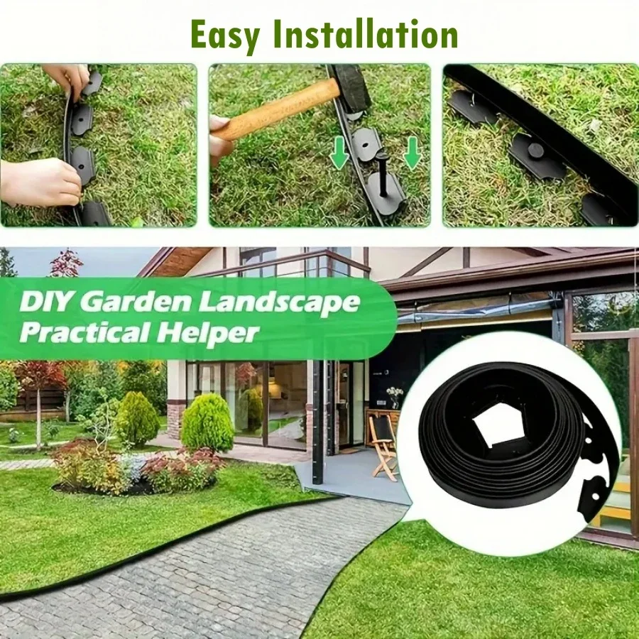 5-10mGarden Edging Coil Comes with 30Pcs Spikes,No Dig Lawn Border Design Lawn Fence Garden Fencing Trellis L-shaped Lawn Border