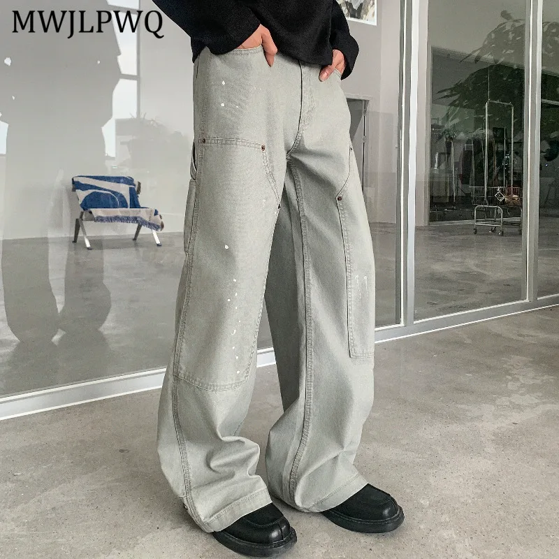 

MWJLPWQ American Style Beaded Double Knee Ink Splash Trousers Cleanfit Loose Wide Leg Casual Cargo Pants 20966