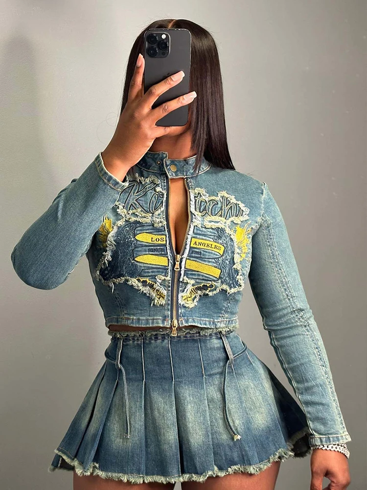 2 Piece Denim Sets Womens Outfits Real Denim Long Sleeve Zipper Jacket Hot Sexy Outfit with Skirt Sweet Style Ladies Skirt Suit