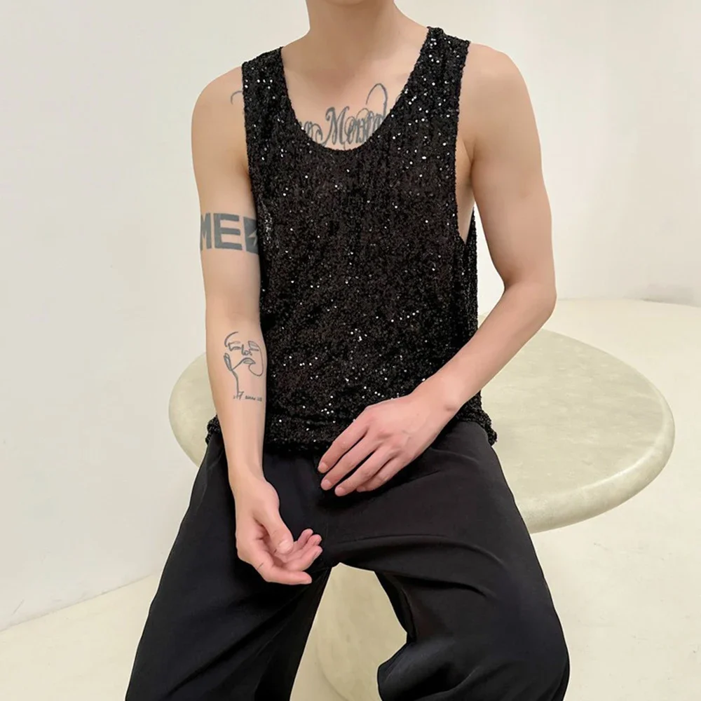 Mens Vest Sequin Stage Performance Tank Top Streetwear Fashion Nightclub Youth Trend Casual Sleeveless Top Men'S Clothing 2025