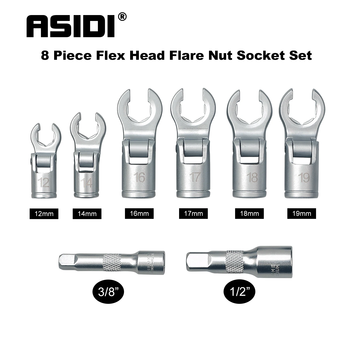 12-19mm Flex Head Crows Foot Line Wrench Set 3/8 & 1/2 Drive Injector Fuel Line Crowfoot Tool