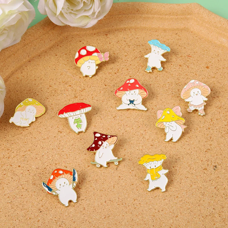 Red Mushroom Chasing Butterflies and Playing Skateboarding Fashion Cartoon Brooch Fish Badges Enamel Pins Denim Bag Marine Anima