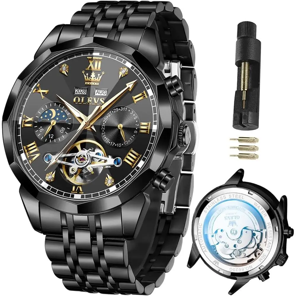 

Мужские автоматические часы OLEVS из нержавеющей стали, деловые, скелетонизированные, механические, водонепроницаемые, светящиеся, с автоподзаводом, роскошные, с бриллиантами