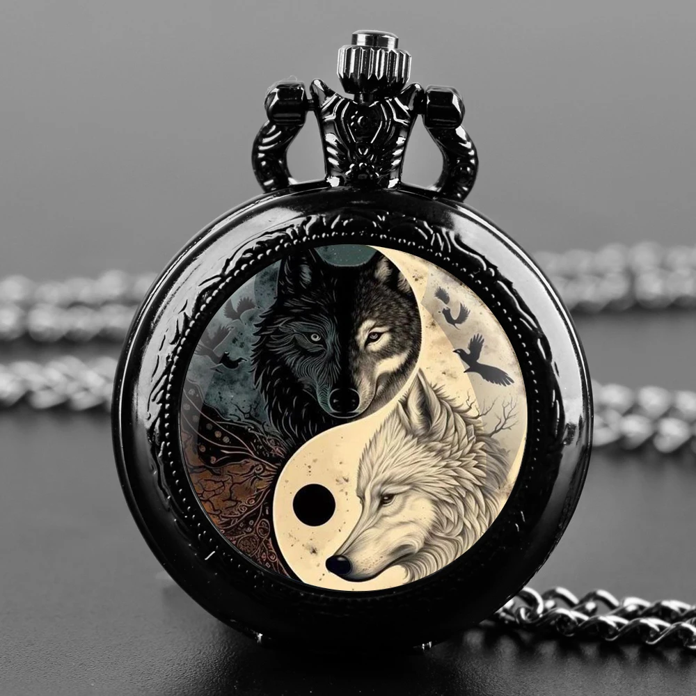 Black Quartz Pocket Watch Retro Animal Yin and Yang Dragon Wolf Design Pocket Watch Pendant Necklace for Men Womens Kids Gift