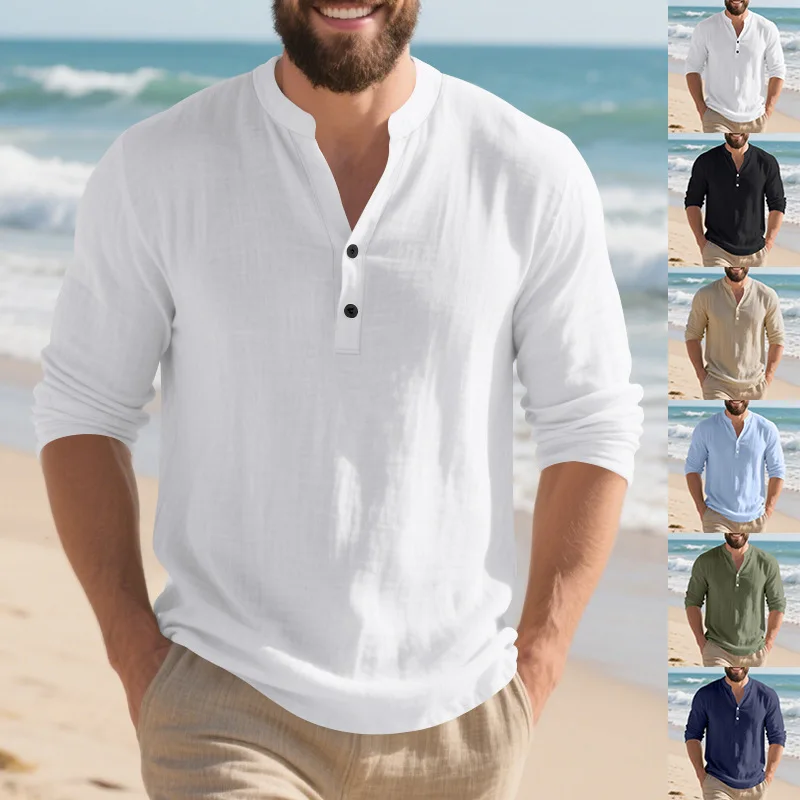 Spring And Autumn Men's Casual Linen Shirt Stand-Up Neck Henry Shirt Long Sleeve T-Shirt Men's