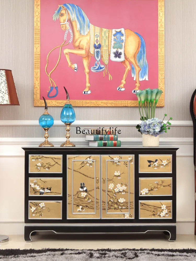 

LChinese Style Living Room Solid Wood Gold Foil Hand Drawn Flowers and Birds High-Grade Curio Cabinet Wall Furniture
