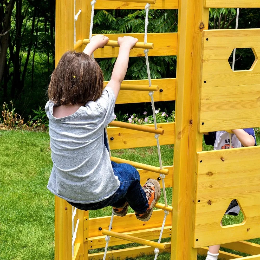 Balançoire d'activité extérieure 9 en 1, mur d'escalade, 3-11 ans, corde d'escalade, mur en maille, force, balançoire à structure en pin