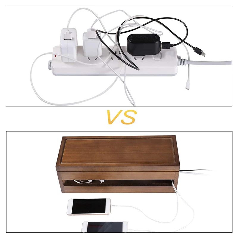 Cable Management Box Wooden Cord Organizer Box for Extension Cord Power Stripe Surge Protector Wire (Coffee Color)