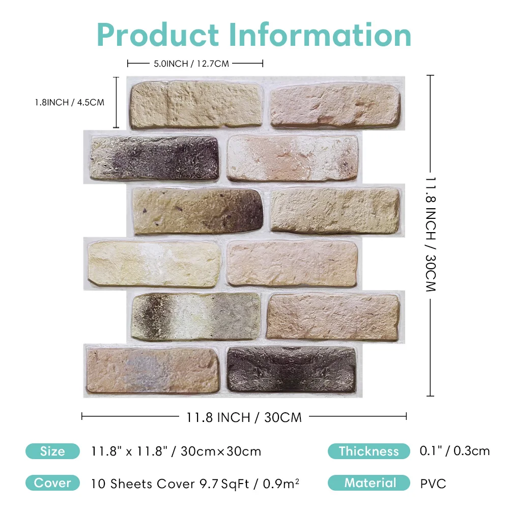 10/20Pcs 3D Faux Brick PVC Wall Stickers Self-Adhesive,Waterproof Peel and Stick Wall Panels for Bedroom Laundry Room Home Decor