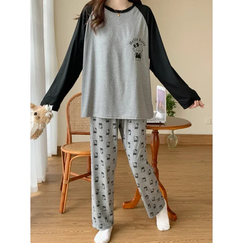 Sanrio Hello Kitty autumn pure cotton new long-sleeved trousers casual loose women\'s pajamas two-piece loungewear cartoon set