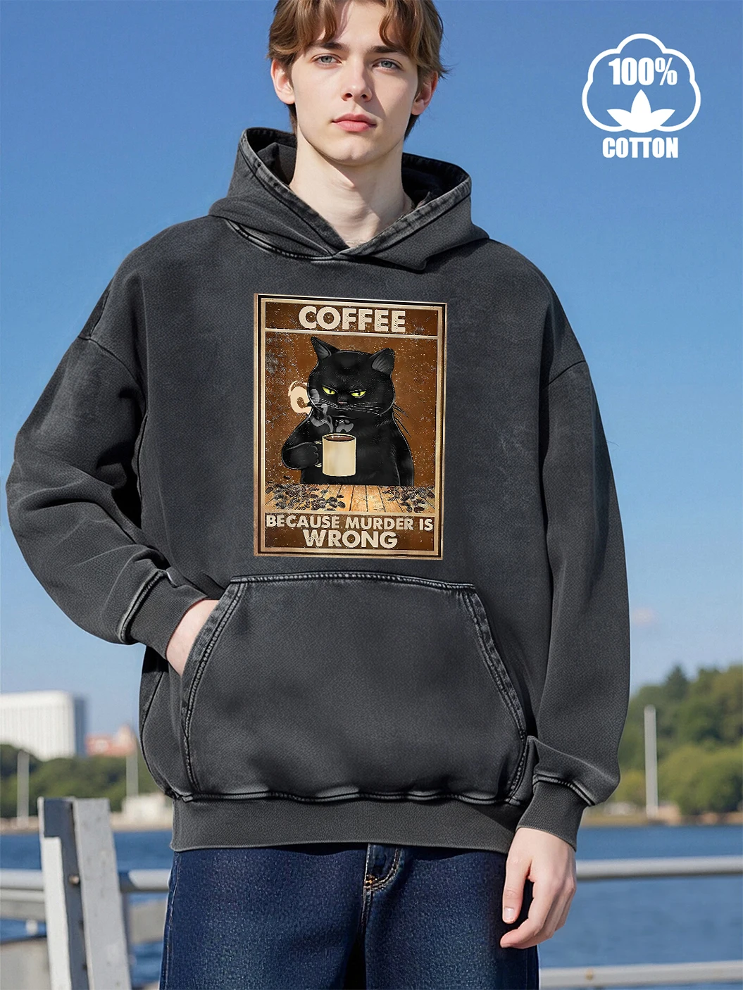 القهوة القط Beacuse القتل خاطئة طباعة غسلها هوديي الشارع ملابس كبيرة الحجم فضفاضة عارضة البلوز مريح القطن الرياضية