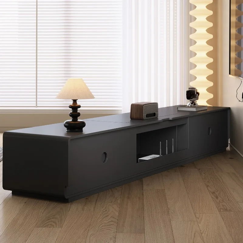 Solid wood black TV cabinet, push-pull countertop small apartment living room home floor locker, light luxury coffee table