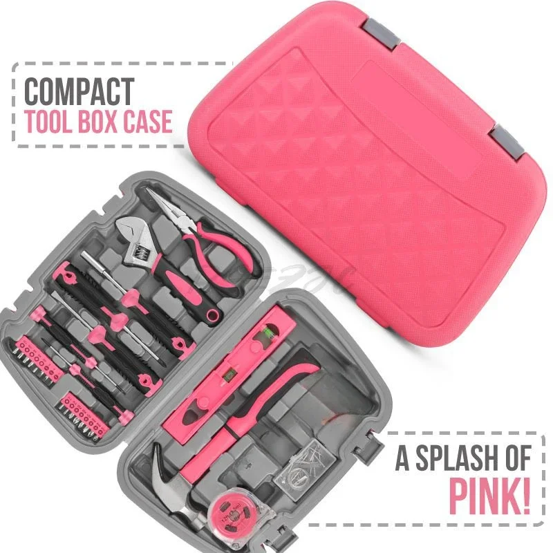 Toolbox Pink Color Women's Exclusive for Car and Home Repair 66 Piece Universal Household Tool Set with Plastic