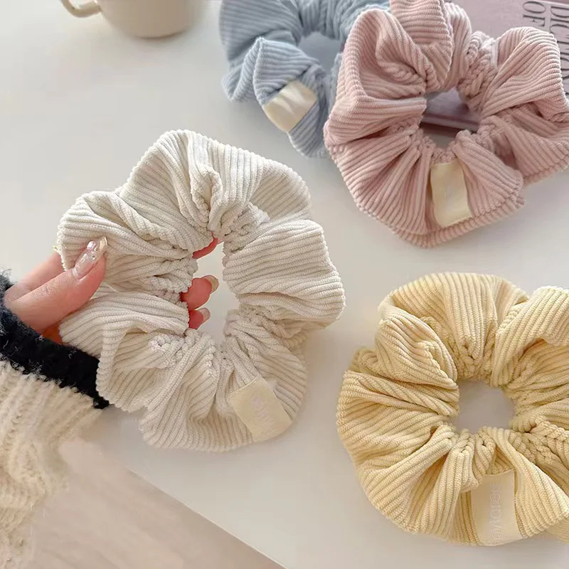 Vintage Solid Color Corduroy Stripe Hair Scrunchie Elastic Hair Bands Korean Hair Accessories For Women Girls Ponytail Headwear