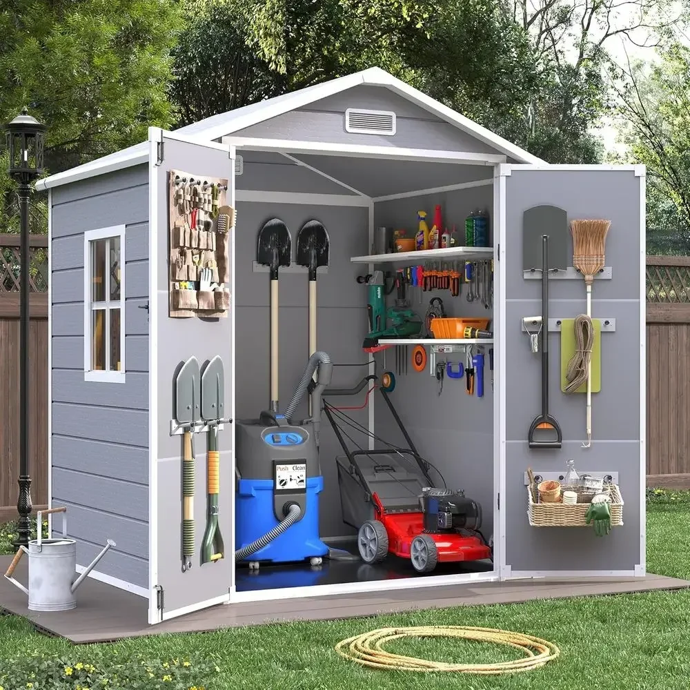 6x4.5ft Resin Outdoor Shed with Lockable Door, Window, Waterproof, Grey White