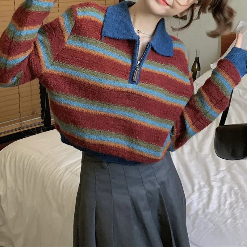 American Retro Striped Knitted Jumpers Women\'s Clothing Polo-Neck Zipper Autumn Winter Basic Stylish Contrasting Colors Sweaters