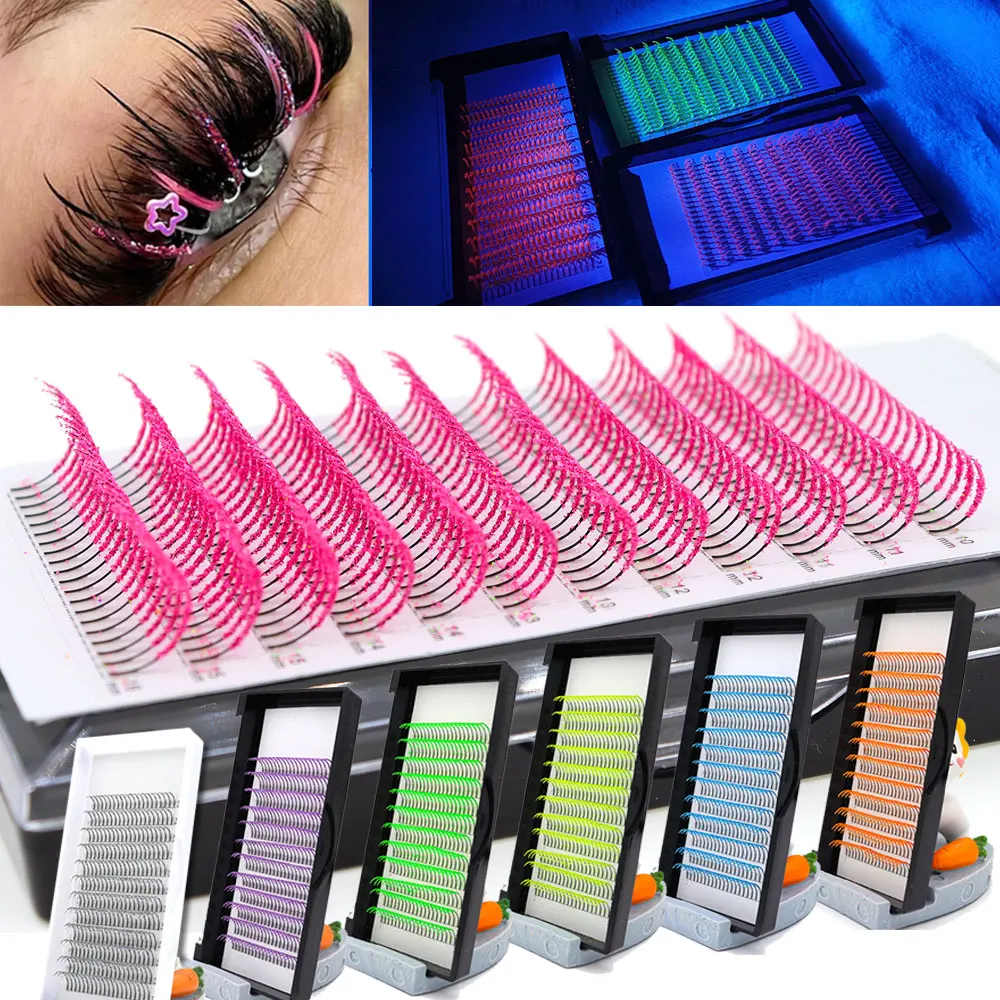 Extensiones de pestañas con purpurina fluorescente, mezcla de colores brillantes, pestañas clásicas individuales para fiesta, pestañas postizas plateadas de moda, venta al por mayor