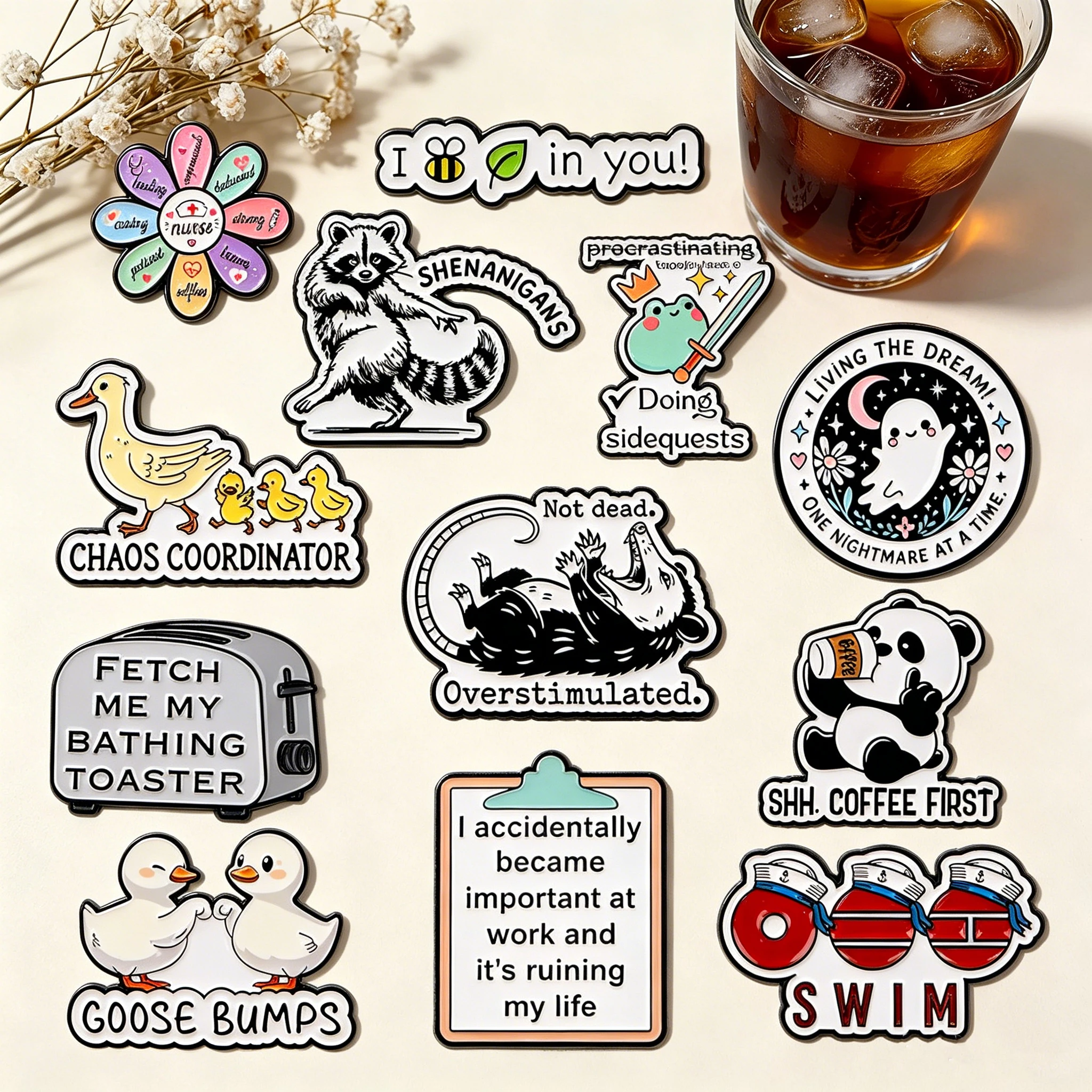 GOOSE BUMPS Enamel Pin Flower Doctor Nurse Quotes Brooch Funny Raccoon Opossum Lapel For Backpack Hat Badges Jewelry Friend Gift