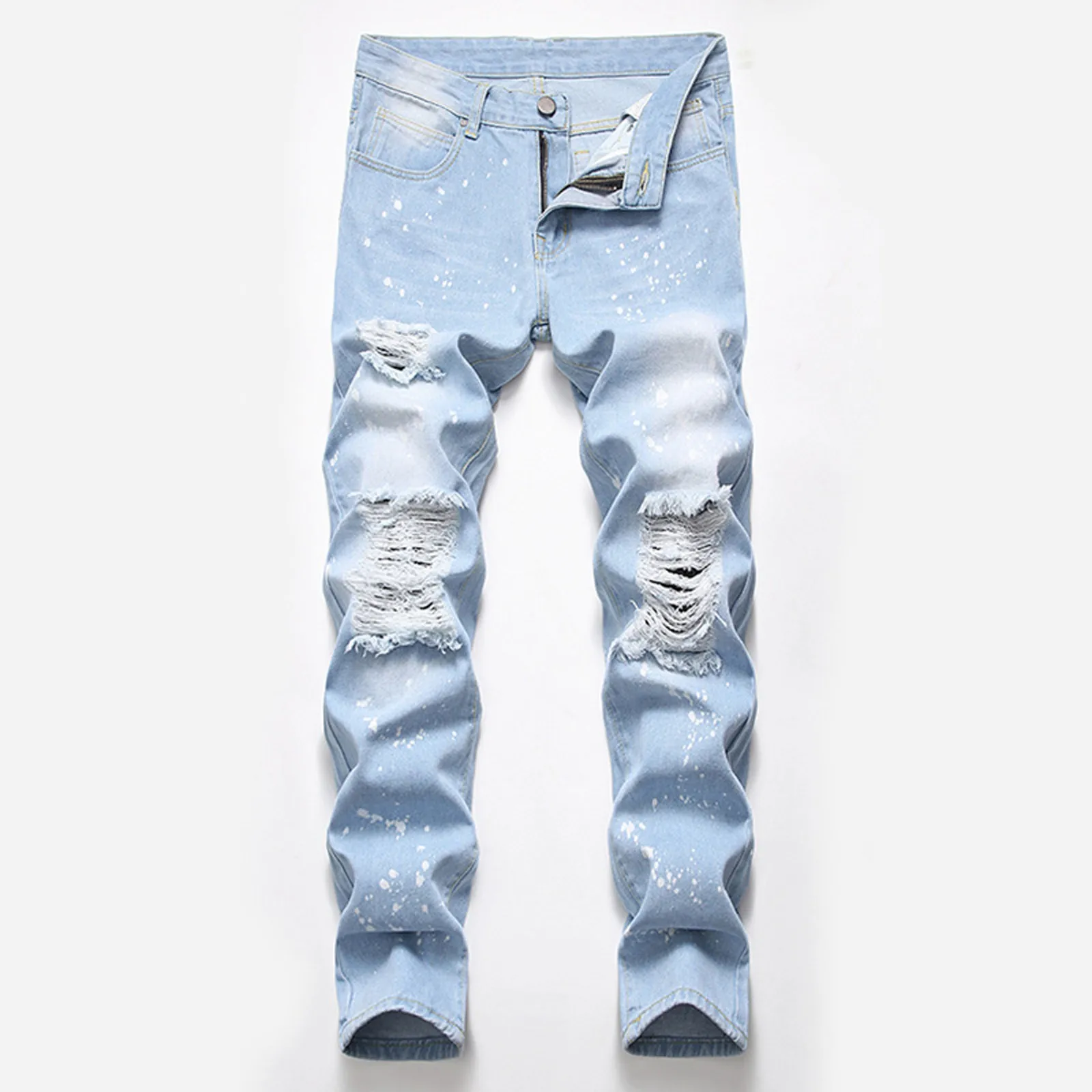 Mens Slim Fit Straight Tube Retro Hip Hop Pants Street Jeans Broken Knee Pants Solid Color Light Blue Pants