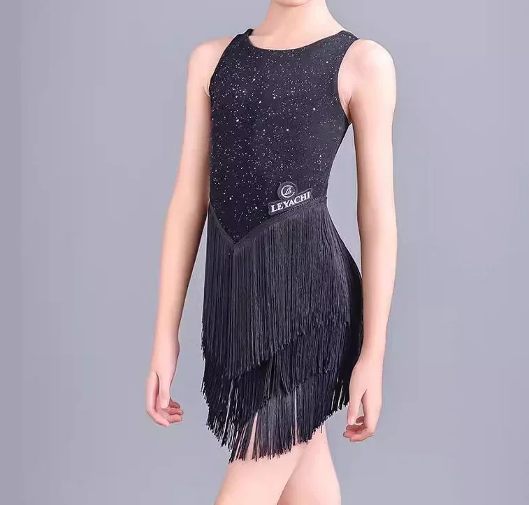 Girls Latin Dance Dress Black Backless Sleeveless Fringe Clothes Kids Cha Cha Rumba Dance Performance Costume Competition Dress