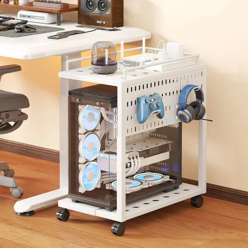 Double Layer Computer Tower Stand Under Desk Storage Rack Office Desk Side Telescopic Double Layer Shelf CPU Stand Printer Shelf