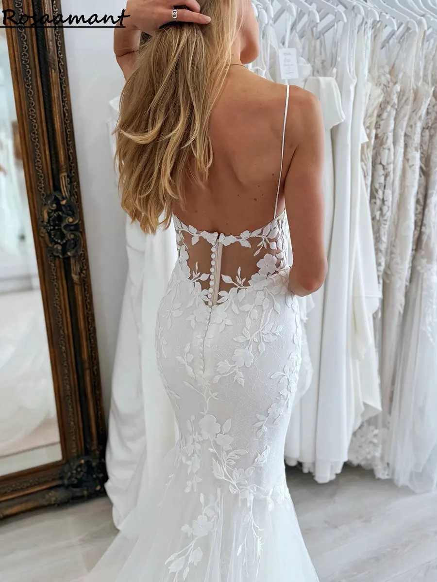 2024 Appliques floreali senza maniche pizzo sirena abiti da sposa Illusion Spaghetti Straps Boho Country abiti da sposa