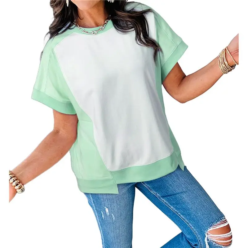 

CYL-Womens Tops Color Block Crewneck Short Sleeve T Shirts Casual Oversized Summer Outfits
